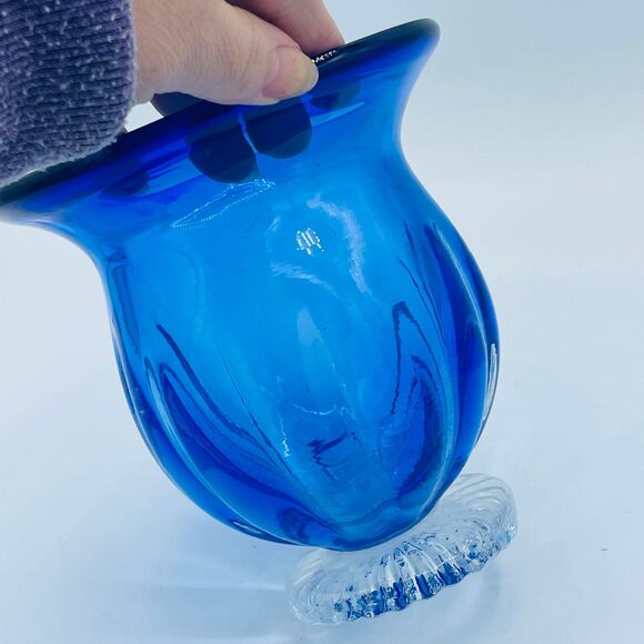 Vintage Cobalt Blue Flared Opening Glass Vase Hurricane Candle Holder Pedestal - Picture 4 of 9